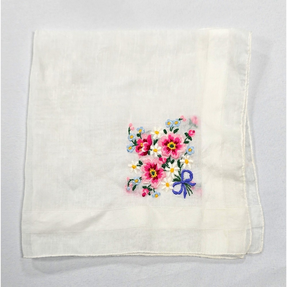 Vintage Sheer White Handkerchief, Embroidered Floral Corner Bouquet Pink Roses
